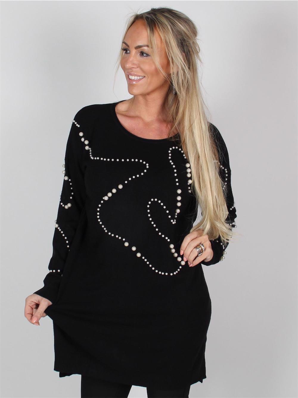 Giogia - Sort blød strik bluse med hvide perler